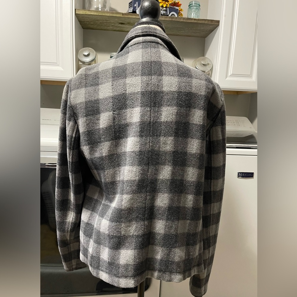 Armani Exchange grey plaid wool coat.